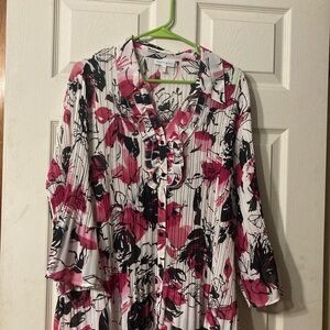 Fashion Bug White Blouse with Pink and Black Floral Print